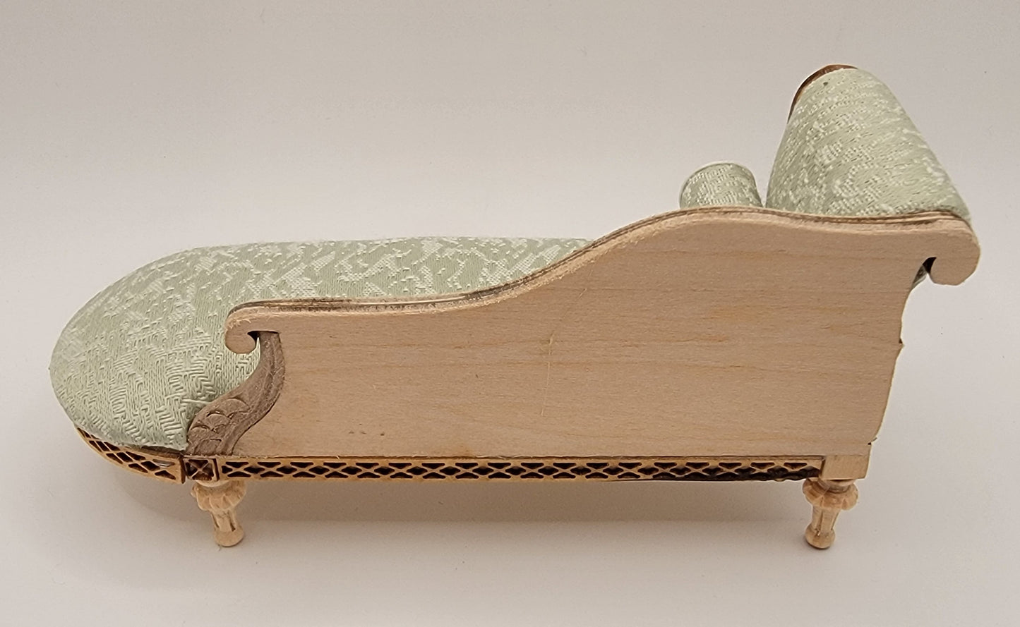 Carved Chaise with Brocade Green Fabric, Unfinished