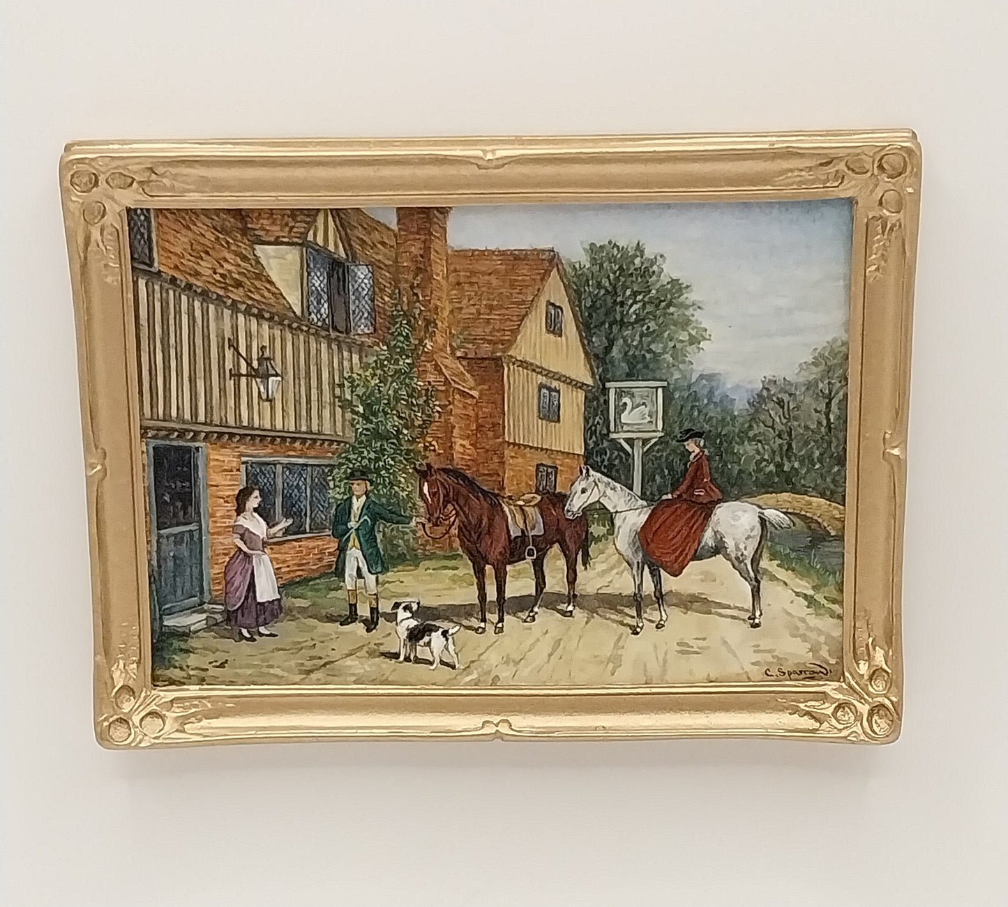 Gold Framed Oil Painting, Horserider Couple At English Inn