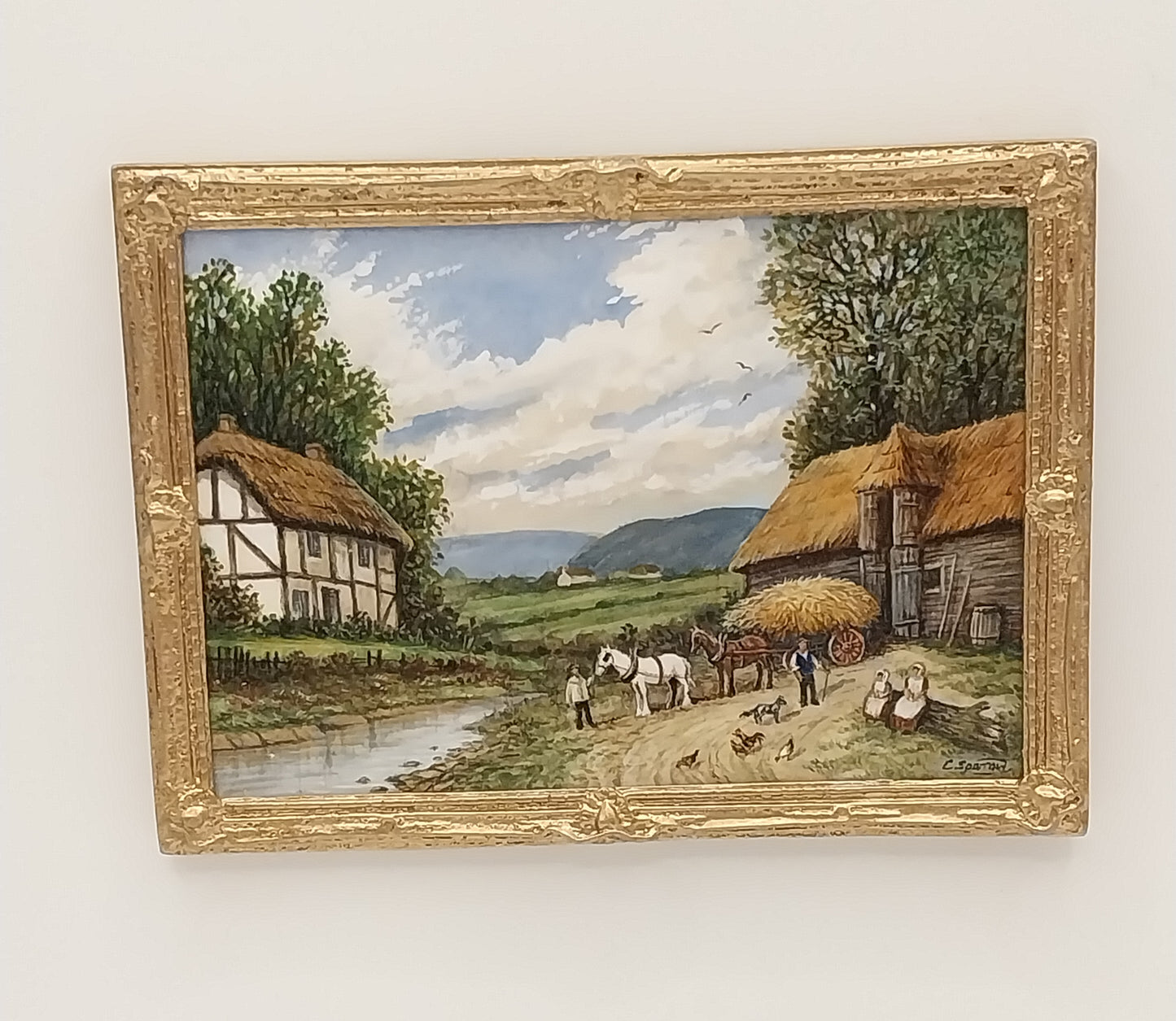 Gold Framed Oil Painting, Horseriders Outside Country House