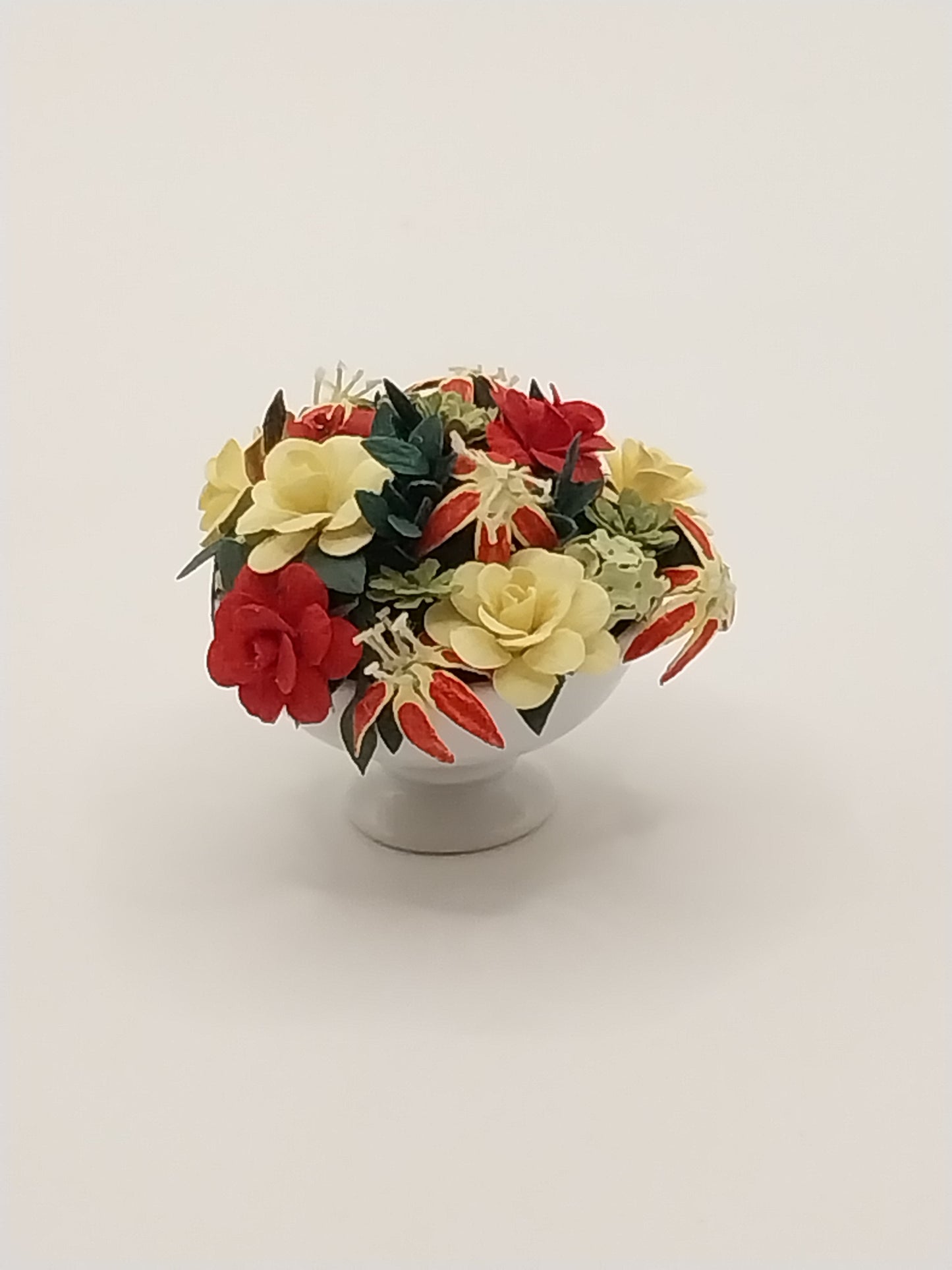 Flower Arrangement In White Bowl, Red & Yellow Roses