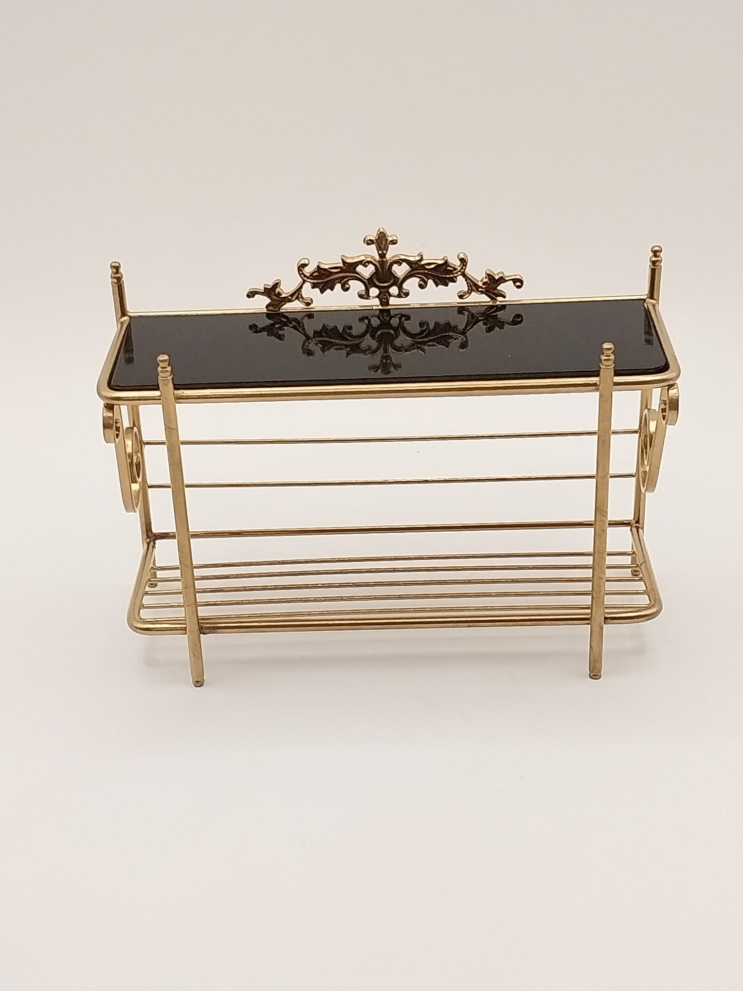 French Bakers Console Table, Brass With Black Marble