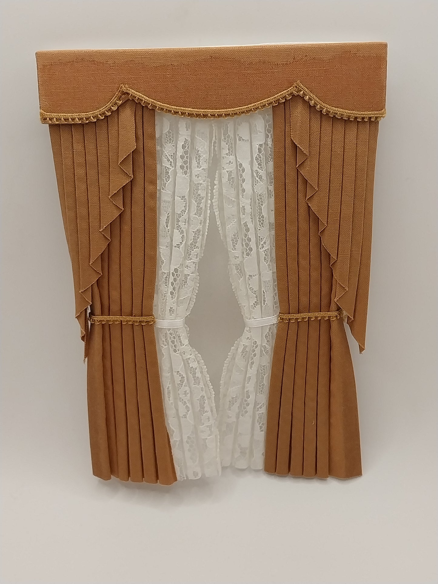 Silk Drapes With Lace Insets, Rust, Handmade