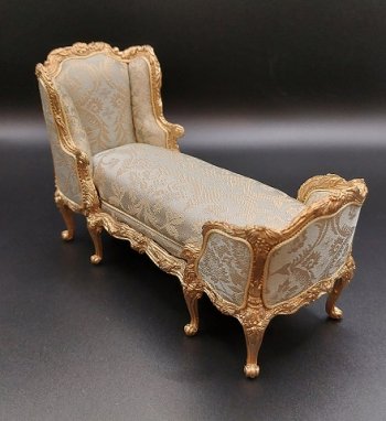 Chaise Lounge, Gold Gilt, Blue Damask