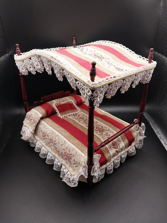 Dressed Canopy Bed, Mahogany, Burgundy & Gold