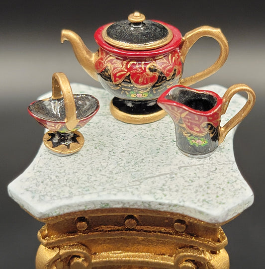 Handpainted Tea Set in Burgundy, Black & Gold with Flowers