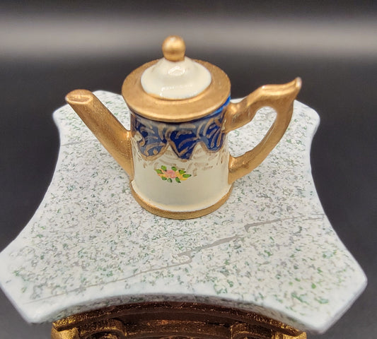 Handpainted Teapot in Dark Blue, Cream, & Gold with Flowers
