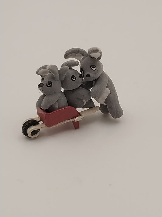Sculpted Mom Rabbit with 2 Babies In Cart