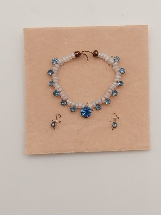 Necklace & Earrings, Pearl & Blue Crystals