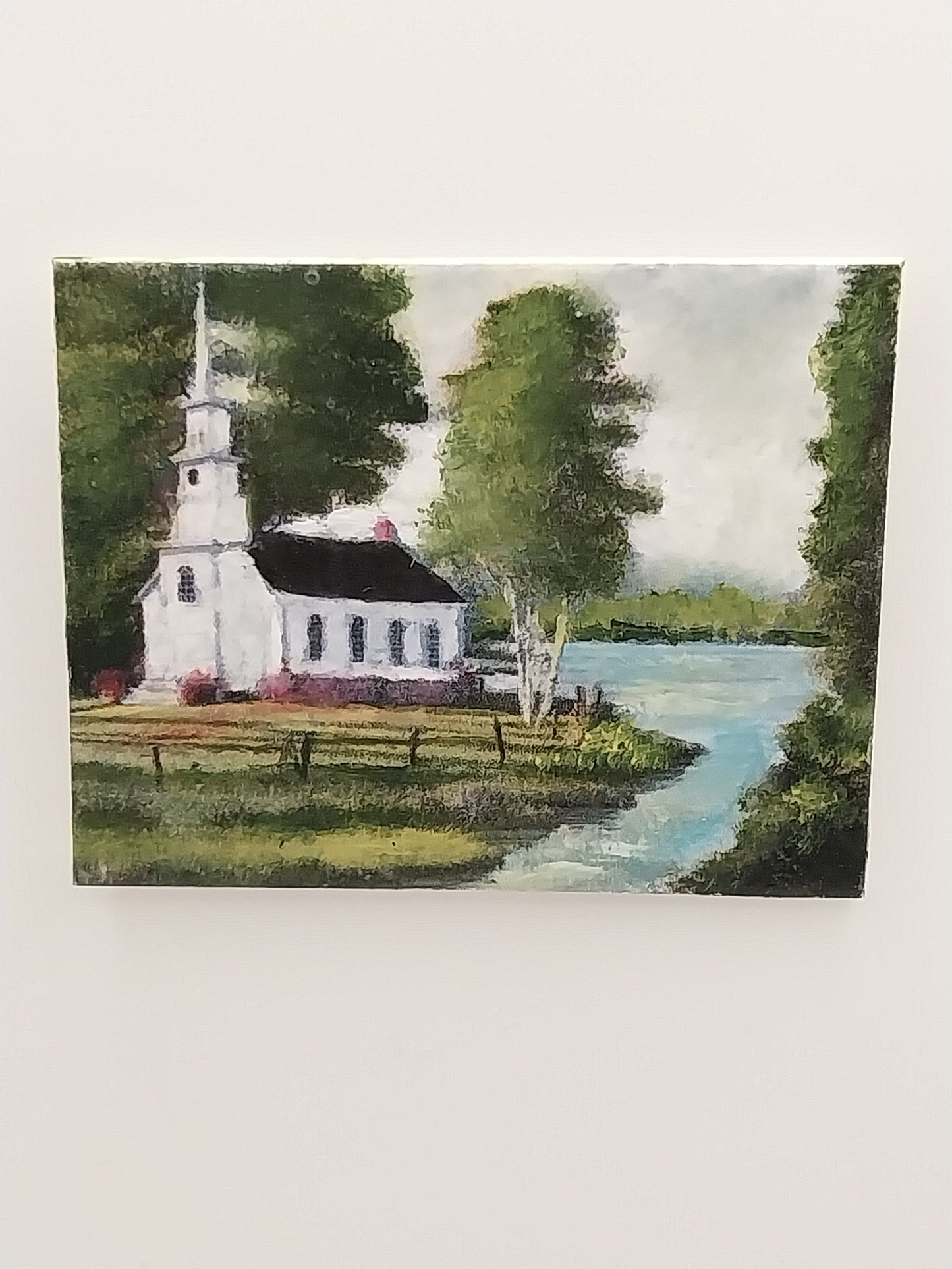 Oil Painting, Country Church By The Lake