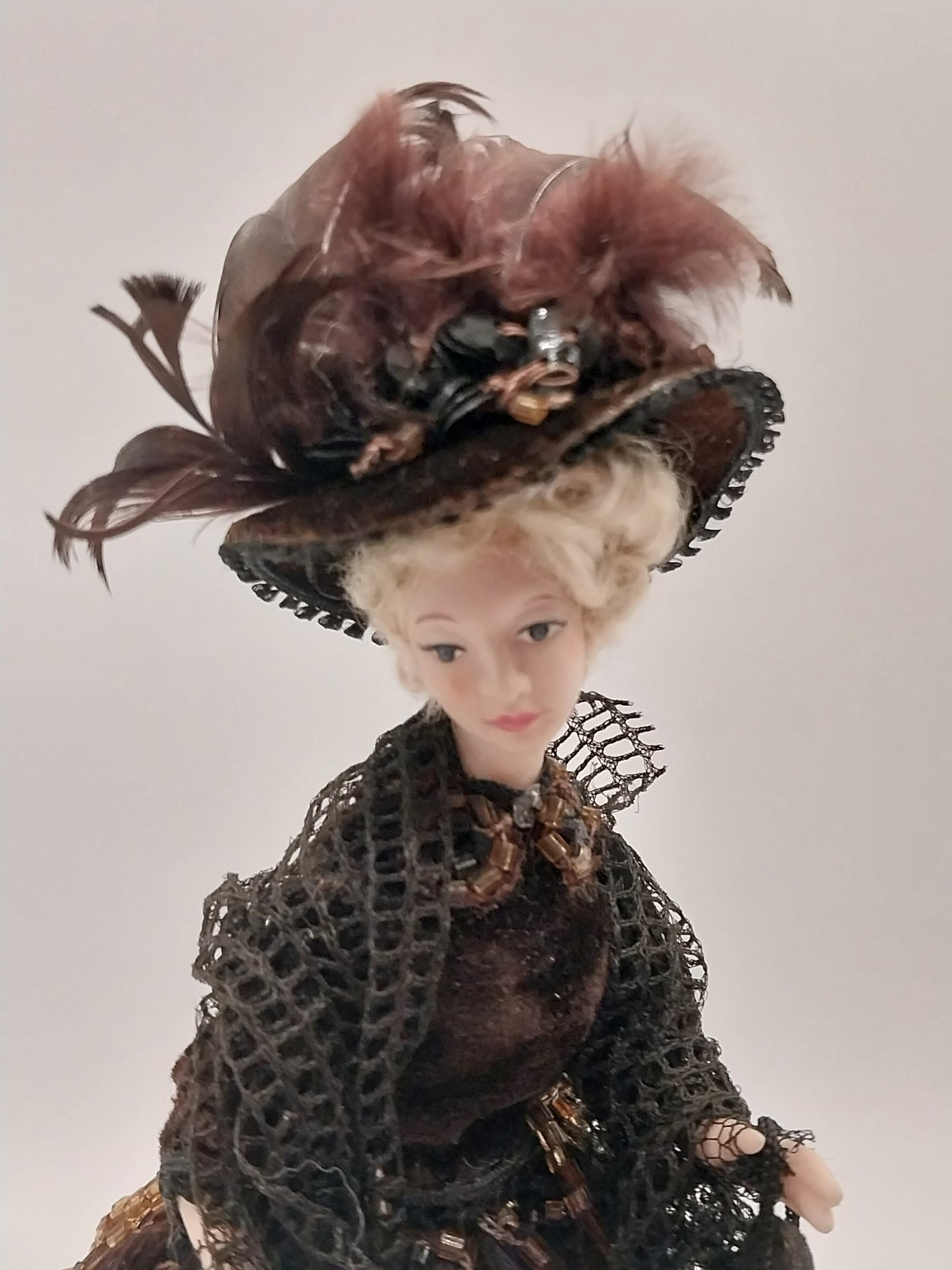 Porcelain Lady Doll, Black Dress & Brown Rhinestones