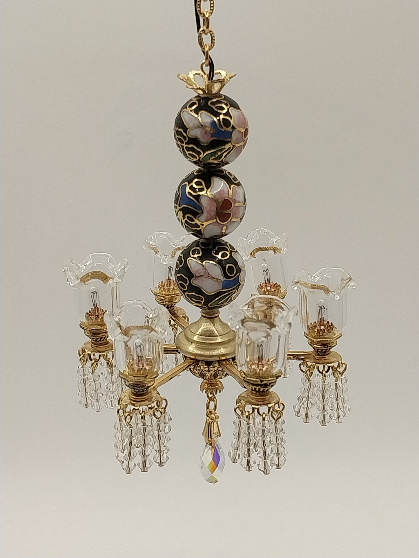 6 Arm Chandelier, Clear Tulip Shade, Cloisonne Center