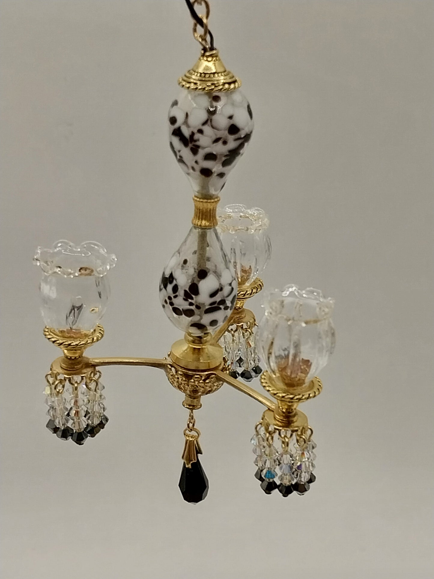 3 Arm Chandelier, Clear Shade & Bugles, Black & White