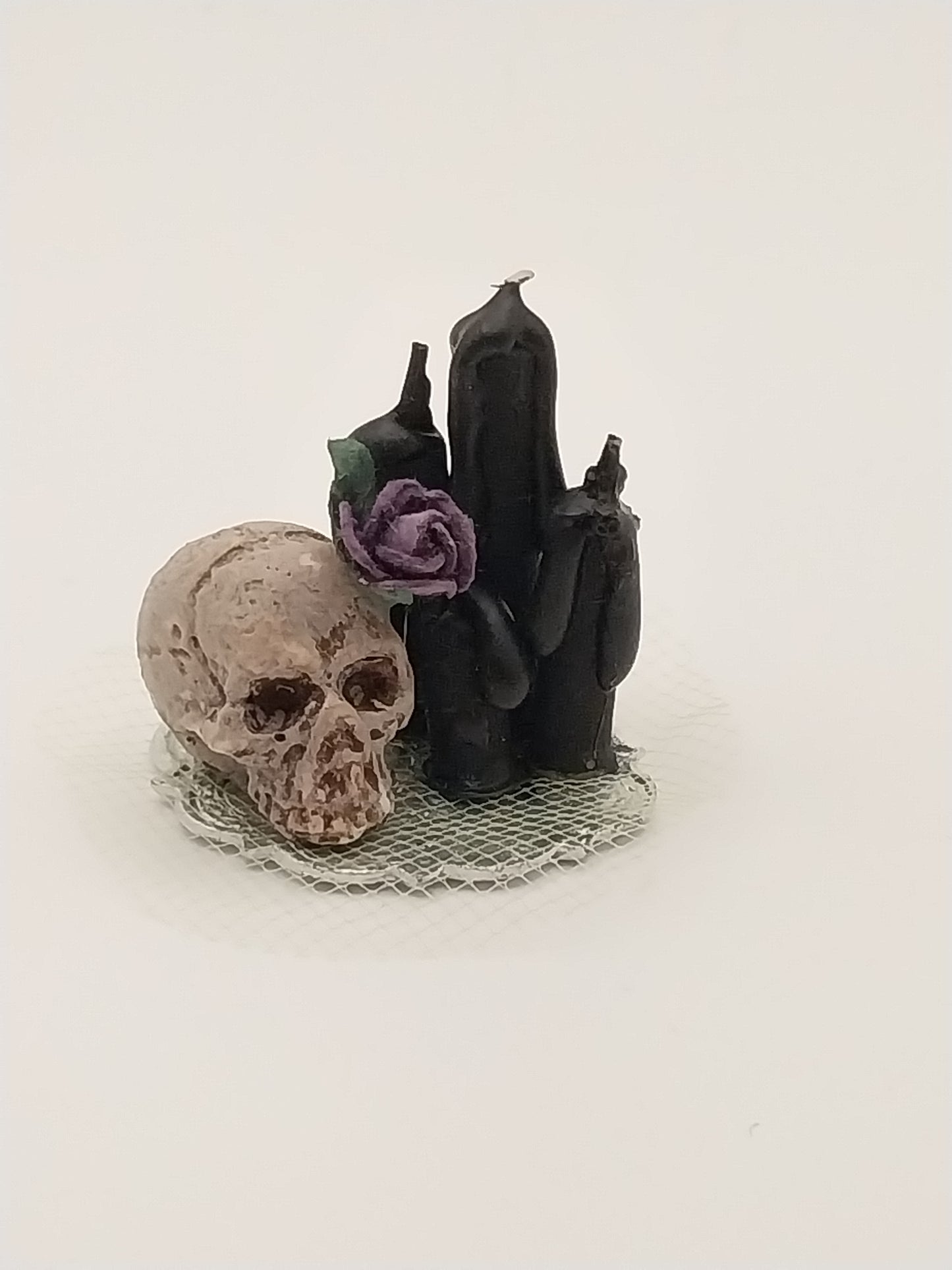 Candles, Skull, & Purple Rose On Tray