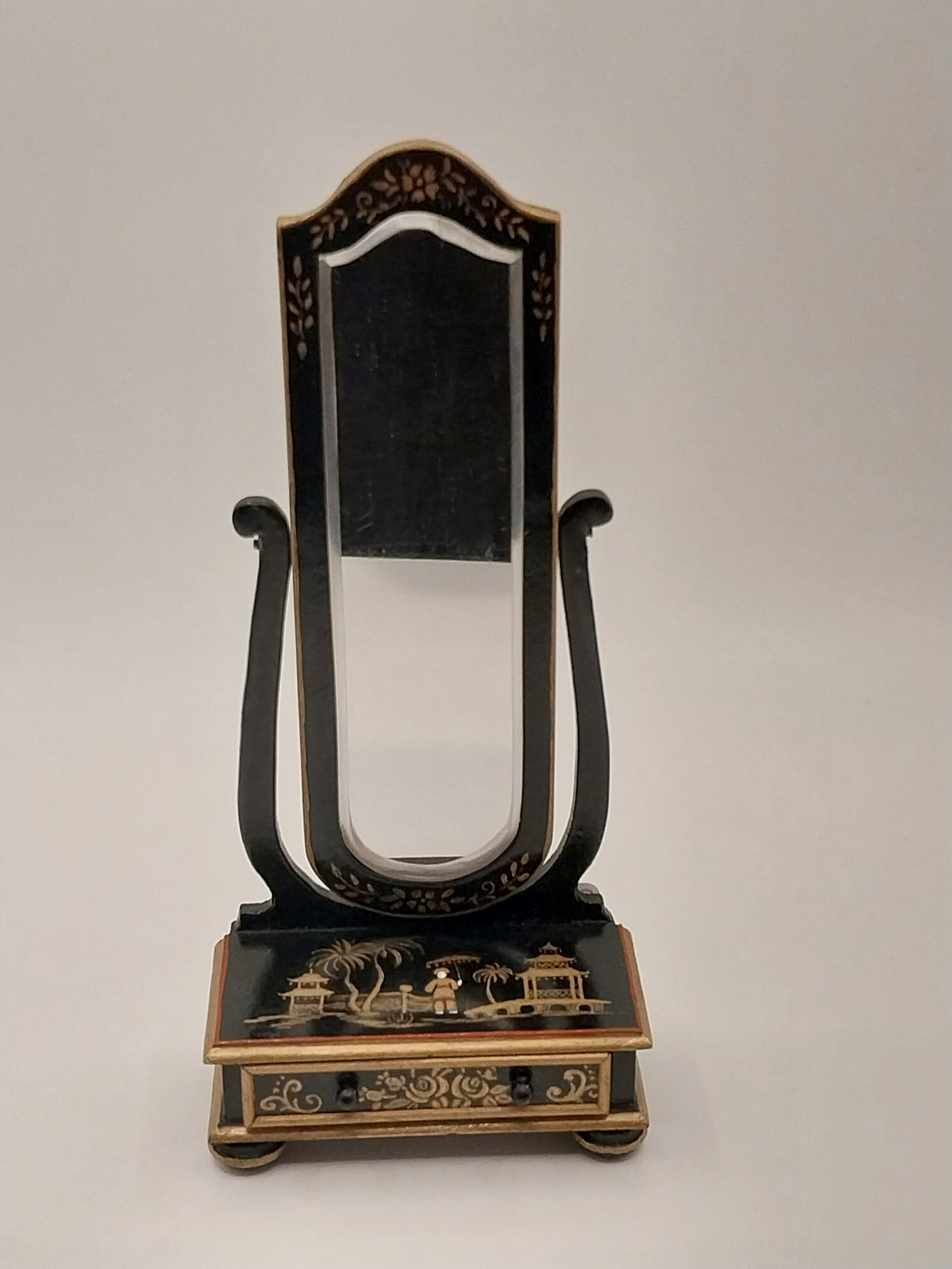 Floor Mirror With Drawer, Oriental Motif, Handpainted