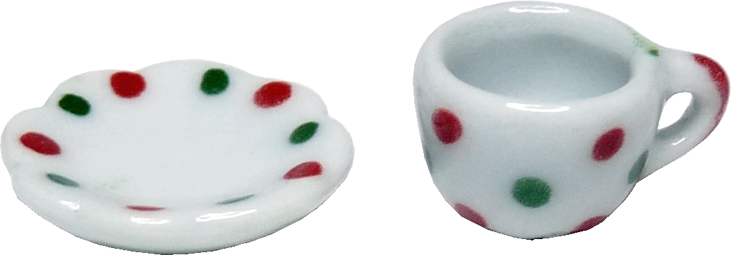 Tea Cup & Saucer, Red & Green Dot
