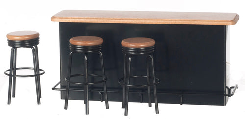 CEA208, 1950 Counter with 3 Stools, Black & Oak