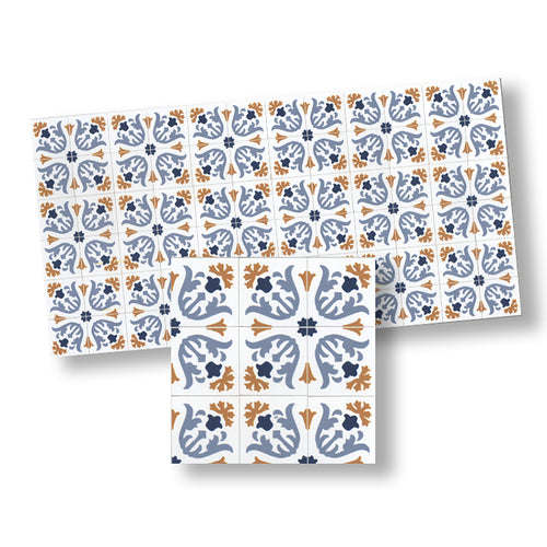 Floor Tile, White, Blue, & Gold Tulip