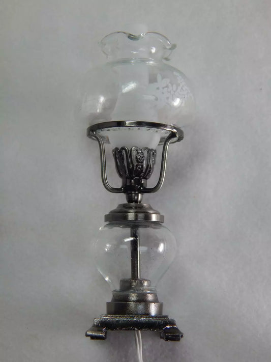 Oil Lamp with Glass Shade, Antique Silver