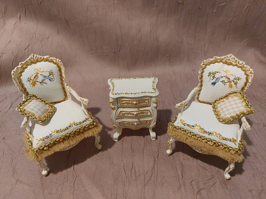 Arm Chairs & Side Table, 3pc, Handpainted