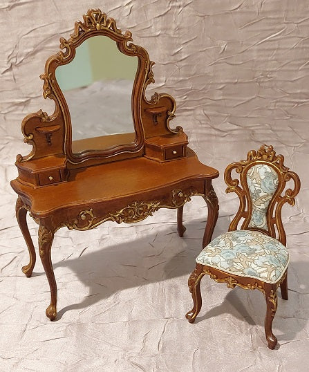 Victorian Dressing Table & Chair, Walnut & Gold Victorian Dressing Table & Chair, Walnut & Gold