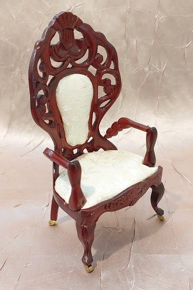 Carved Victorian Arm Chair, White Brocade, MH