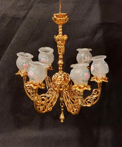 6 Arm Chandleier, Handpainted Shades