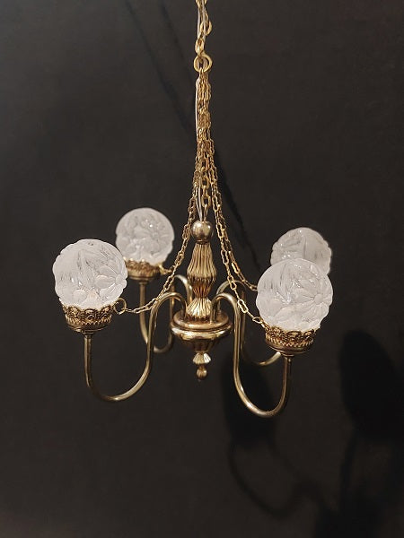 4 Light Chandelier, Frosted Cut Globes, LED Light