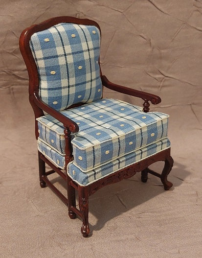 CBB524, Amise French Country Chair, Blue, Cream Plaid, Mahogany