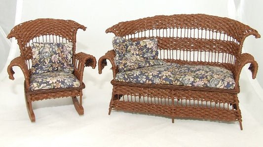 Wicker Settee & Rocking Chair, Brown Floral