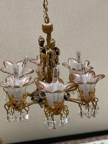Six Arm Chandelier with Pink Tulip Shade and David Statues