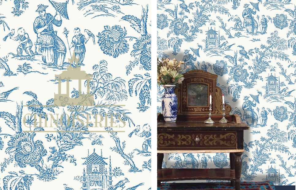 Ying Toile Blue Wallpaper