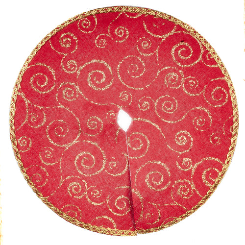 Christmas Tree Skirt, Red with Gold Swirls