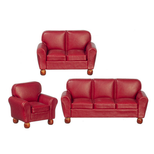 Faux Burgandy Leather Sofa Set, 3pc