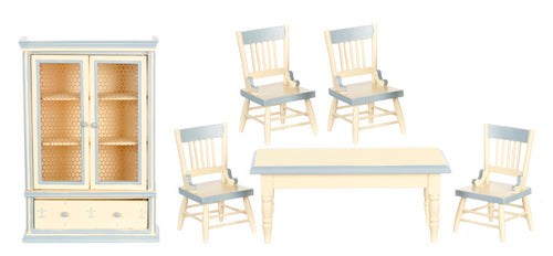 Dining Set, White with Blue Trim, 6pc