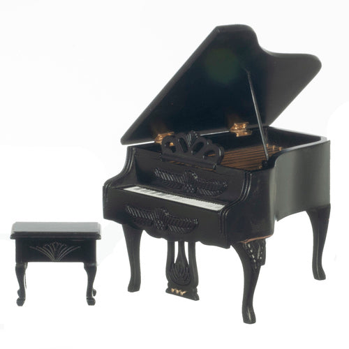 Carved Piano & Stool, Black