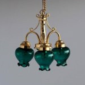 3 Arm Brass Ceiling Lamp, Tulip Bulb, Green, LED
