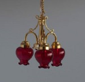 3 Arm Brass Ceiling Lamp, Tulip Bulb, Red, LED