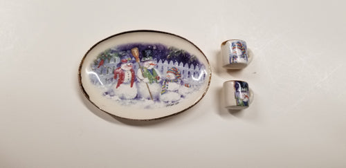 Snowman Platter Tray with 2 Mugs