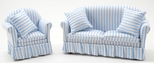 Sofa & Chair Set, Blue & White Stripe