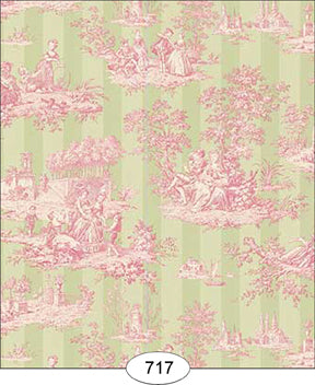 Stripe Light Toile, Green & Pink Wallpaper
