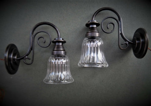 Clear Ribbed Wall Sconce, Large Scroll, Pair