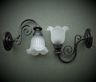 Sconce Large Scrolls, Serrated Ribbed Frosted Shade, Bronze, Pair