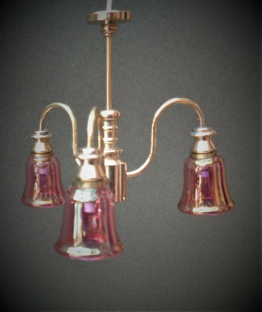 3 Arm Down Chandelier, Cranberry Shade