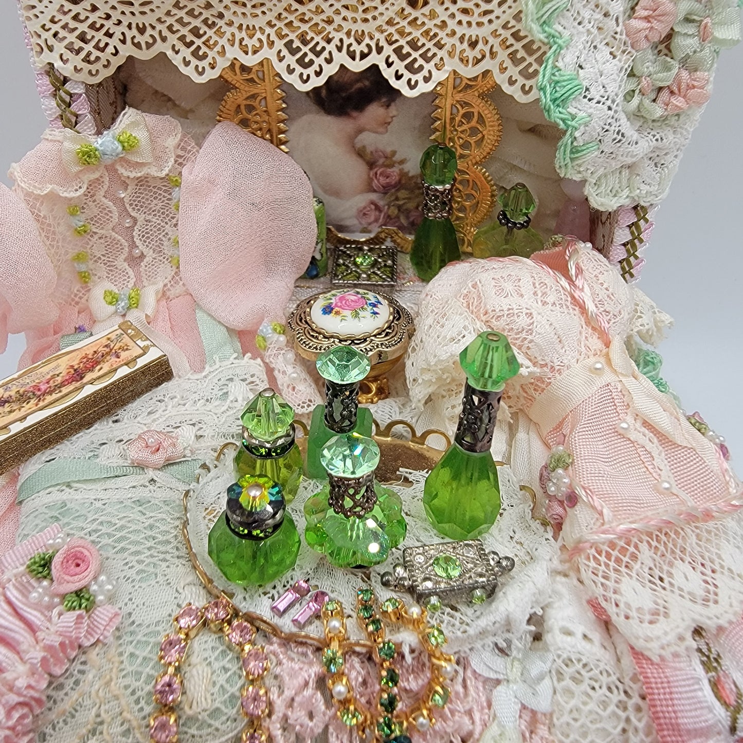 Fancy Victorian Trunk Filled, Pink & Green