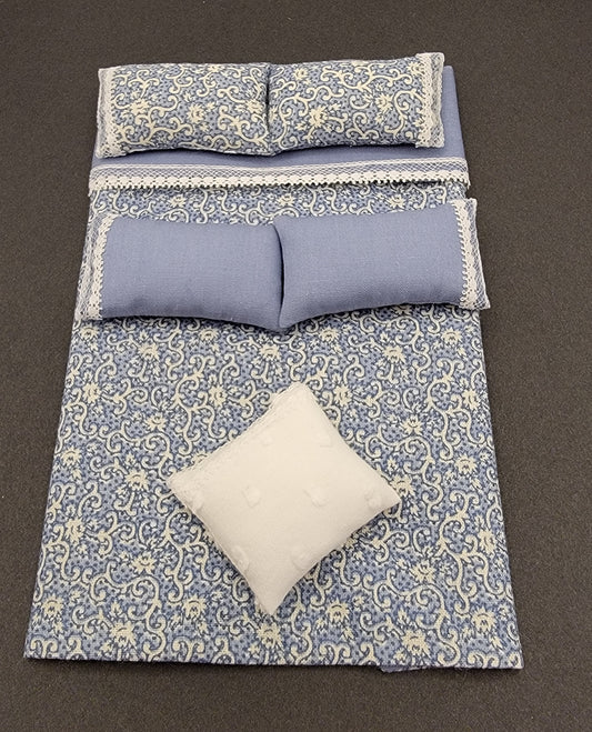Double Bedspread & Linens Set, Blue Scrolls