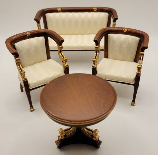 French Empire Settee, Chairs, & Table, Walnut/Gold