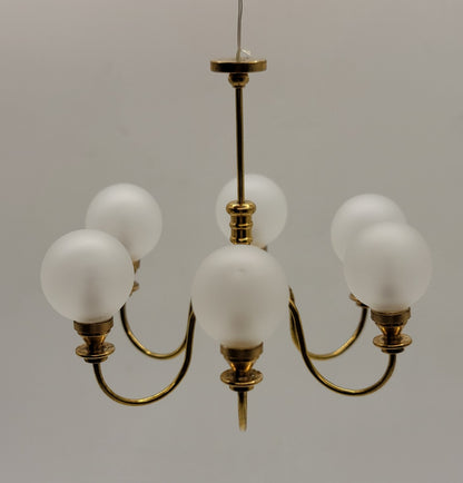 6-Arm Brass Chandelier, Frosted Ball Globe Shades