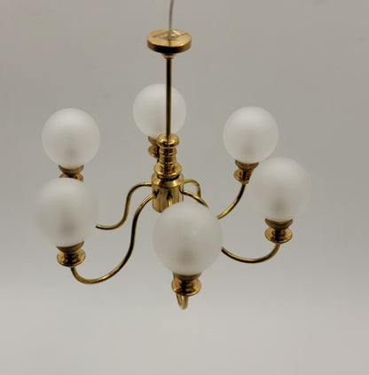 6-Arm Brass Chandelier, Frosted Ball Globe Shades