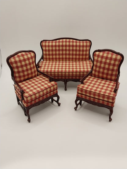 CBB026, Amise French Country Living Room Set, Red & Cream Plaid, Mahogany