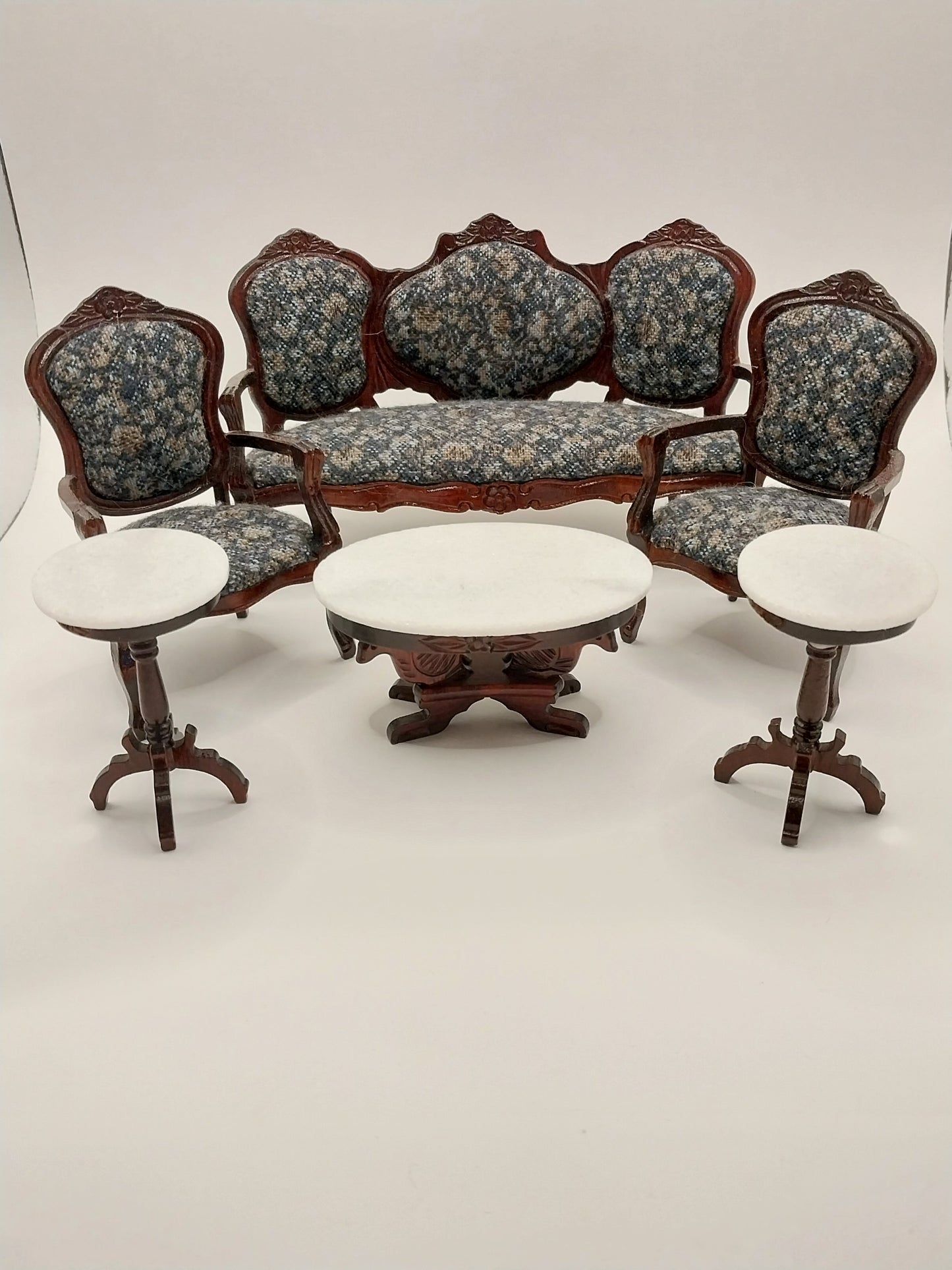 Living Room Set, 6pc, Blue Floral, Mahogany